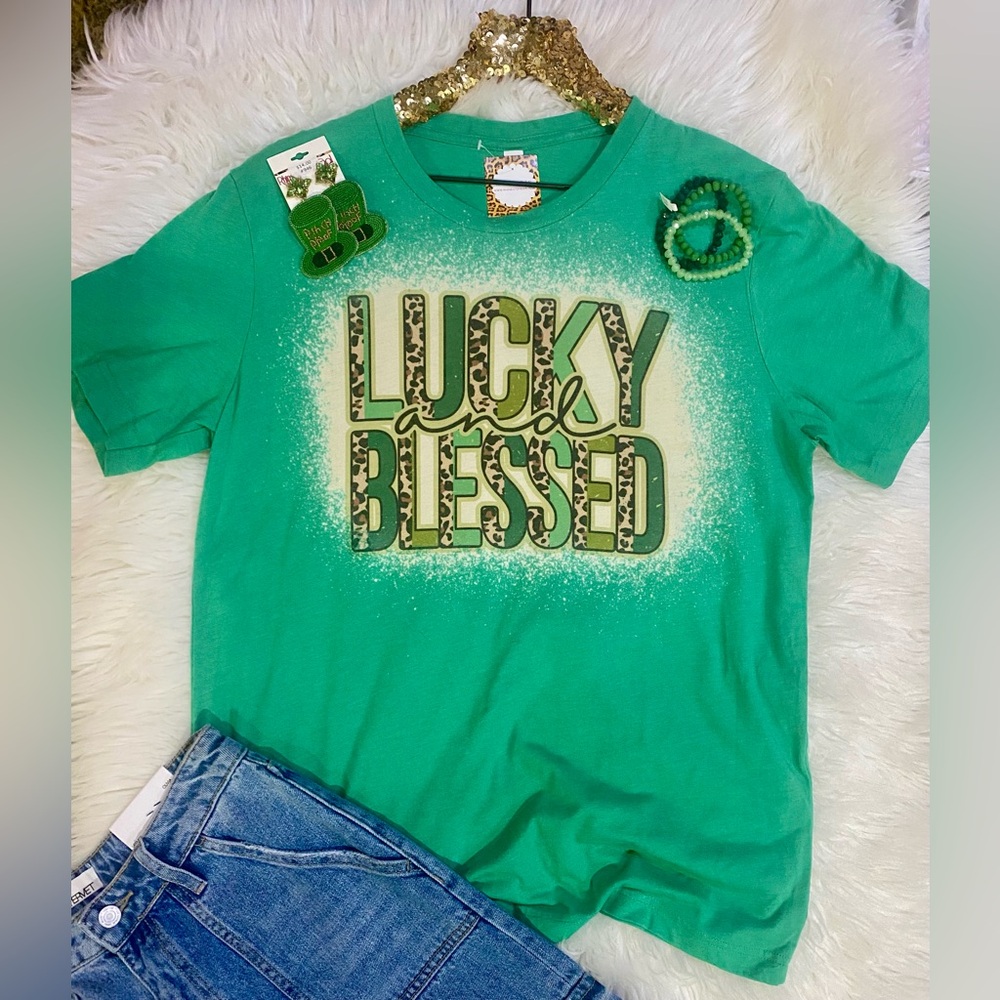 BRAND NEW WITH TAGS Lucky & Blessed Green Bleached Plus Tee
